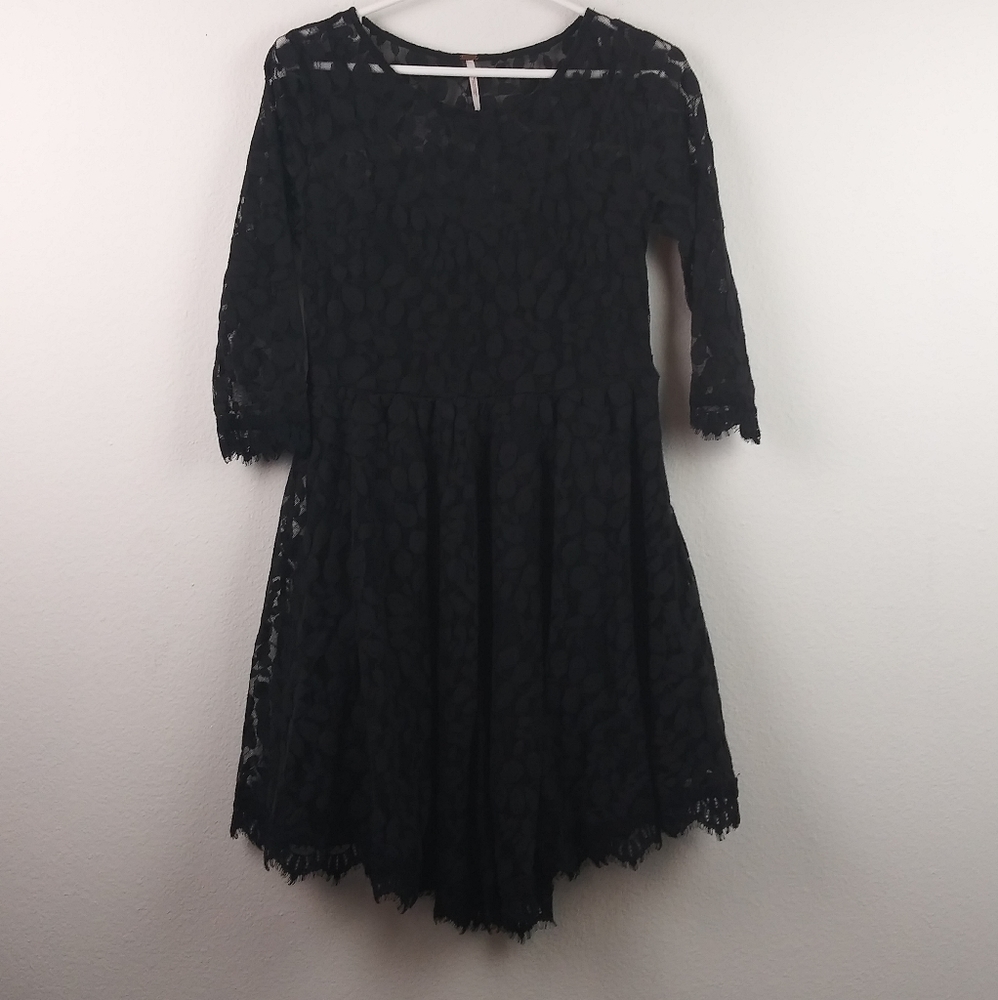 Free People Black Lace 3/4 Sleeve Dress(6)A-Line
